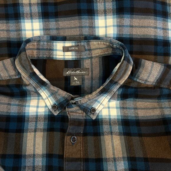 Eddie Bauer Mens XLT Flannel Shirt Brown Blue Button Down Collar 100% Cotton - Picture 3 of 12